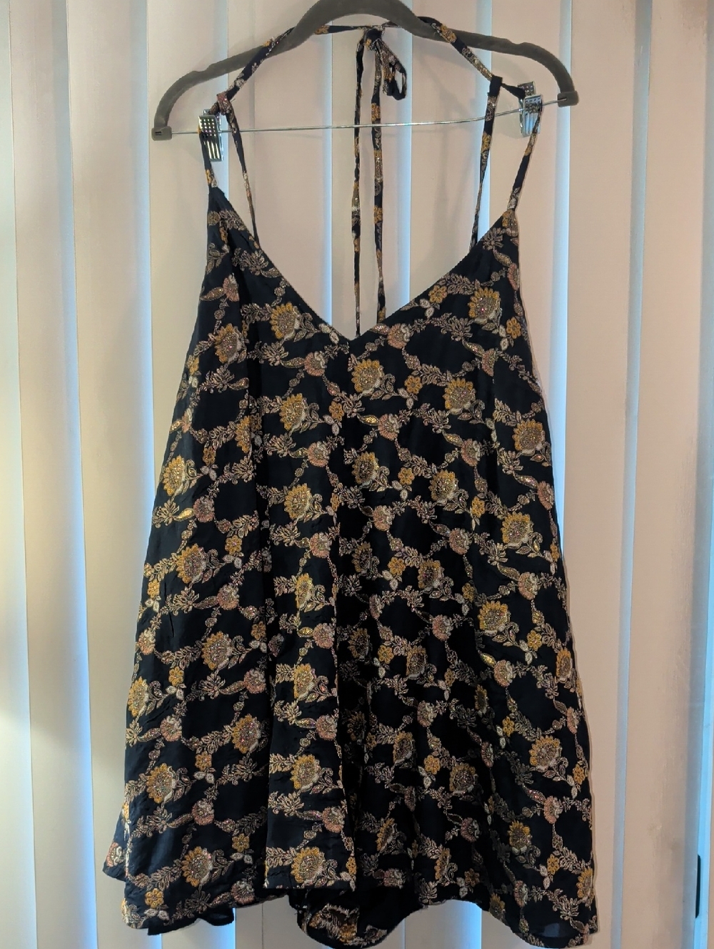 Free People Navy Floral Metallic Gold  Thread Halter Romper, Large